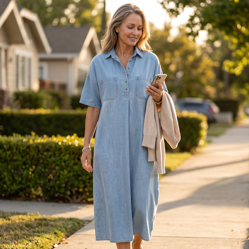π 50% OFF NOW! π Casual Pocket Denim Midi Shirt Dress β Soft denim & relaxed fit β Functional pockets, perfect for everyday casual β comfortable and versatile β¨πΈ
