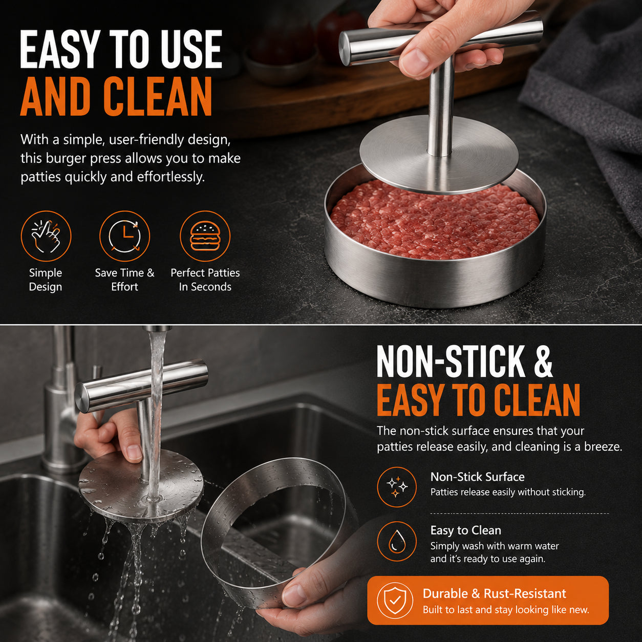 🎁50%OFF &😍 Hot Sale Stainless Steel Burger Press - 1Pc Nonstick Burger Patty Maker Mold