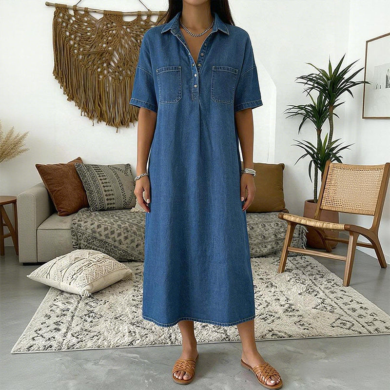 👗 50% OFF NOW! 👖 Casual Pocket Denim Midi Shirt Dress – Soft denim & relaxed fit – Functional pockets, perfect for everyday casual – comfortable and versatile ✨🌸