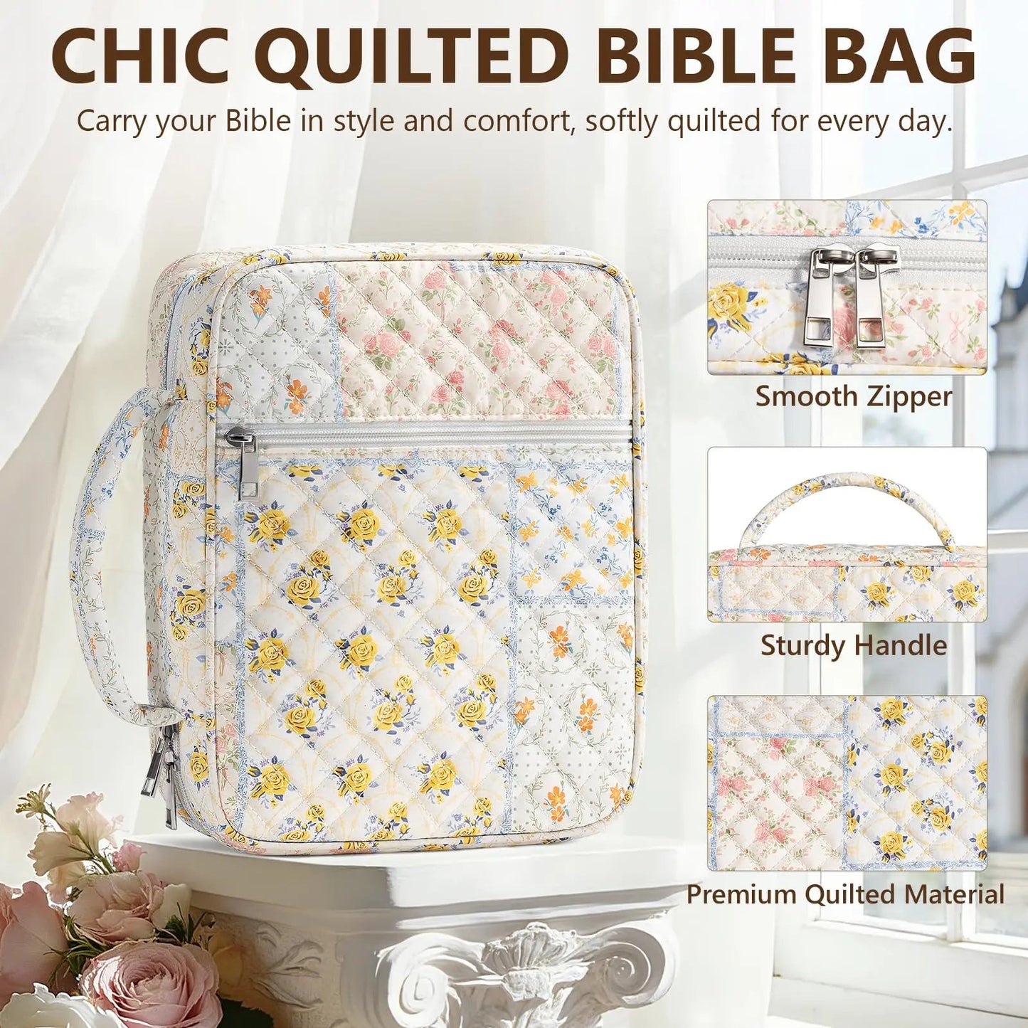 【Your Exclusive Discount】Bible Cover Case for Women Large Bible Bag, Bible Study Supplies Journaling Kit Quilted Church Bag with Handle, Puffer Carrying Case w/Tabs Accessories Easter Mothers Day Christian Gifts for Women Mom