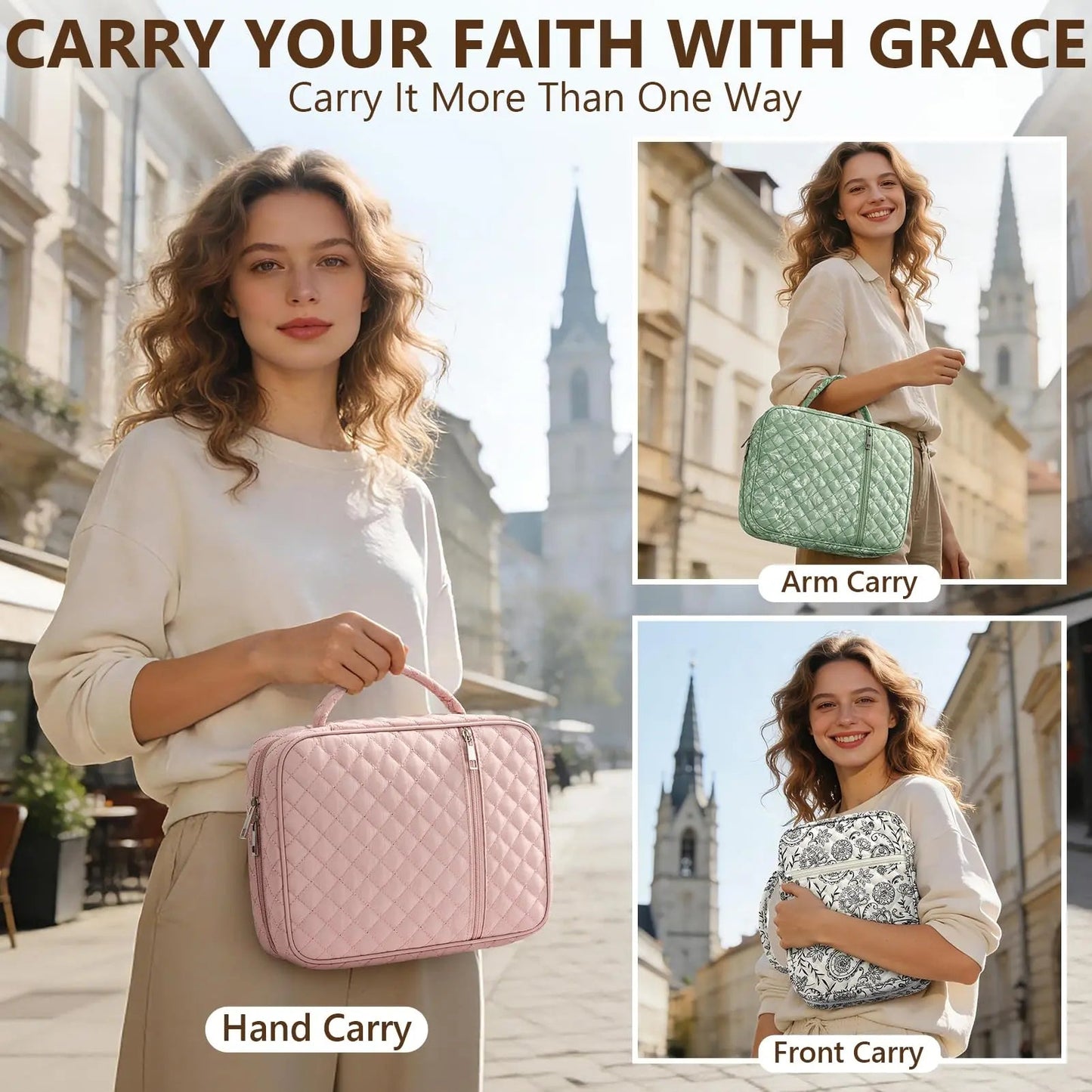 【Your Exclusive Discount】Bible Cover Case for Women Large Bible Bag, Bible Study Supplies Journaling Kit Quilted Church Bag with Handle, Puffer Carrying Case w/Tabs Accessories Easter Mothers Day Christian Gifts for Women Mom